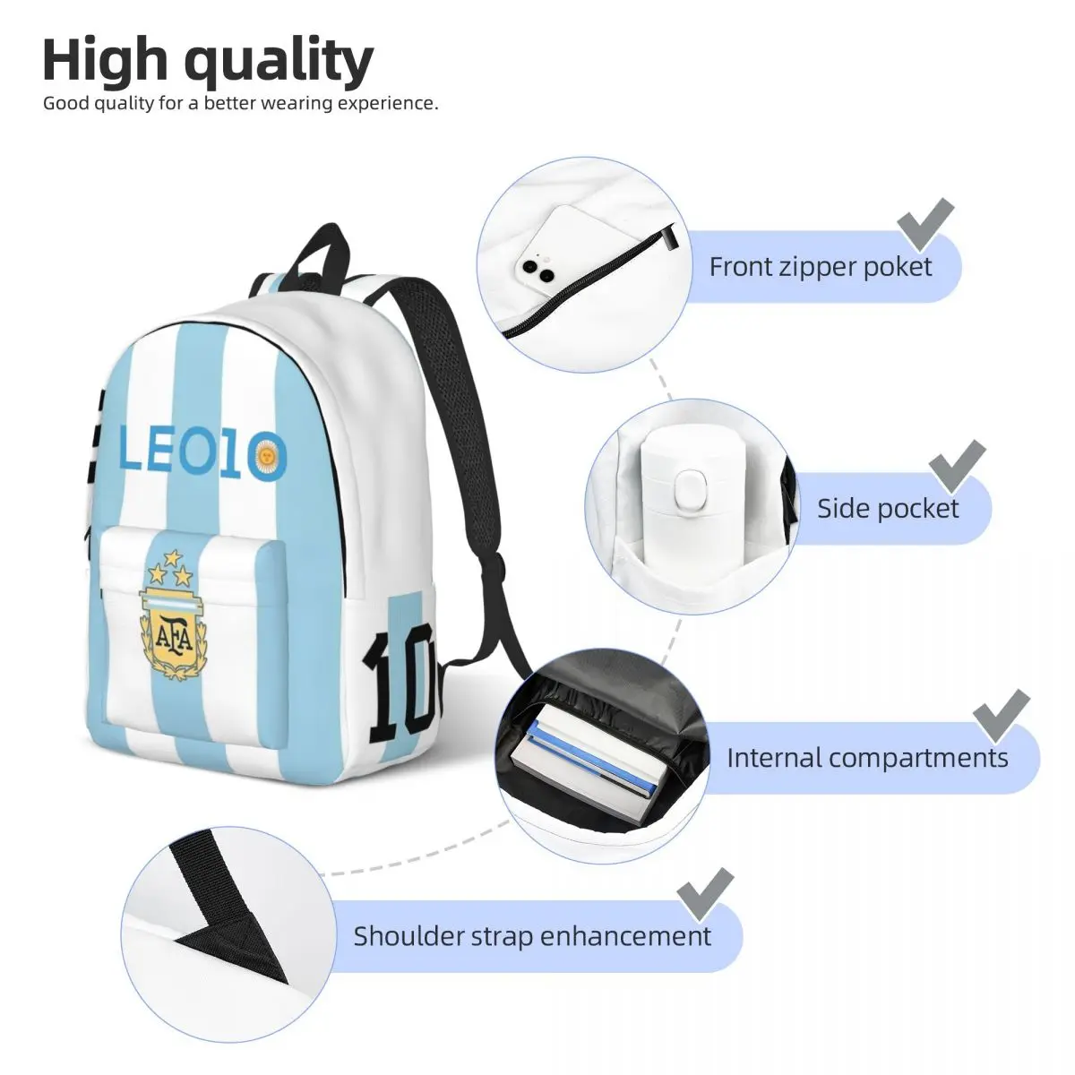 Sac à dos de football Lionel Argentina 10 pour hommes et femmes, sac à dos de travail pour étudiants adolescents, sac à dos en toile pour fans de football, sacs pour ordinateur portable, cadeau