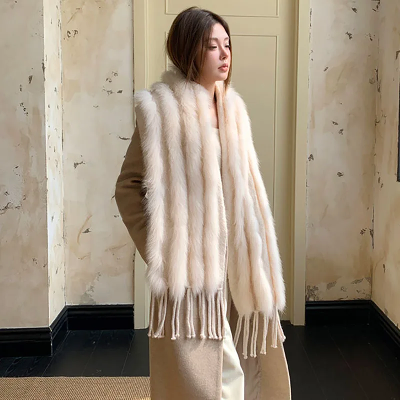 

Новый зимний шарф из натурального меха лисы с кисточками, теплый длинный женский вязаный меховой платок-шаль оптом, натуральный мех, широкий шарф-платок