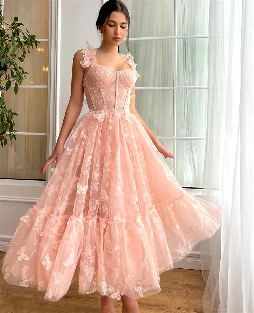 Spaghetti Straps Sweetheart 3D Flower Cocktail Dresses Lace Appliques Butterfly Homecoming Gowns A-line Tea-length Prom Gowns