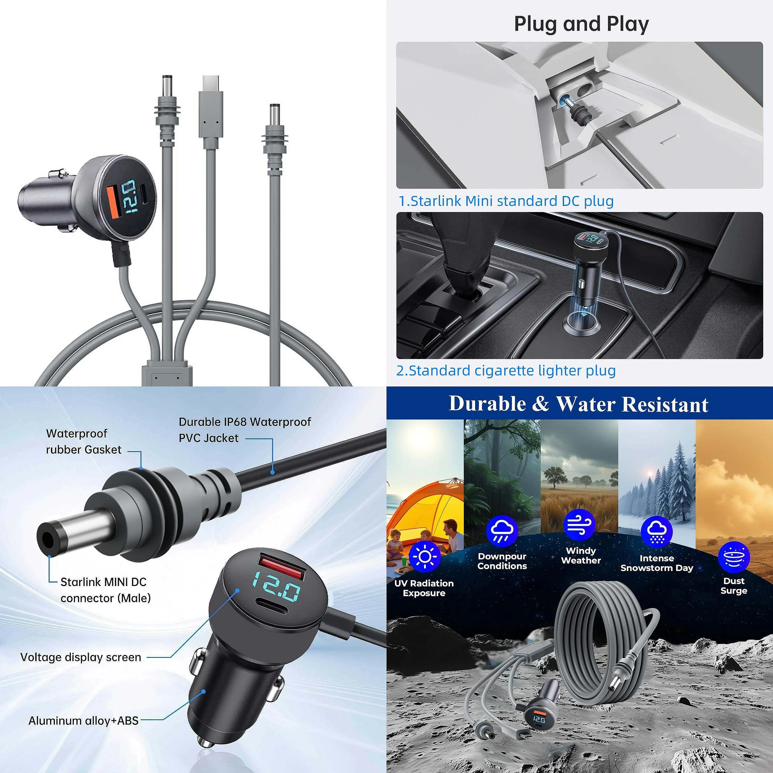 Customized digital display car charger star chain mini power cable 100W 12V USB C DC waterproof charging data cable