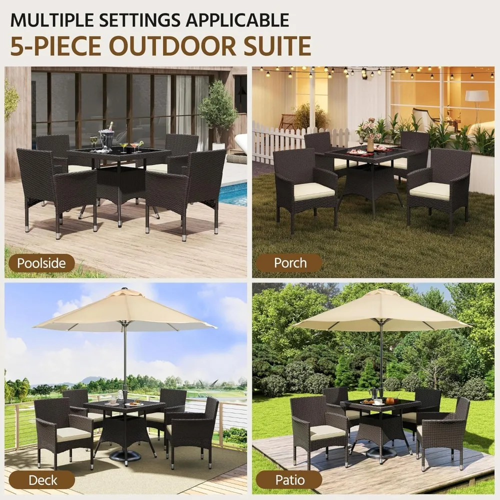 5-Piece Patio Furniture Set, Outdoor Rattan 4 Dining Chairs & Tempered Glass Table with Umbrella Hole, for Garden Backyard Deck