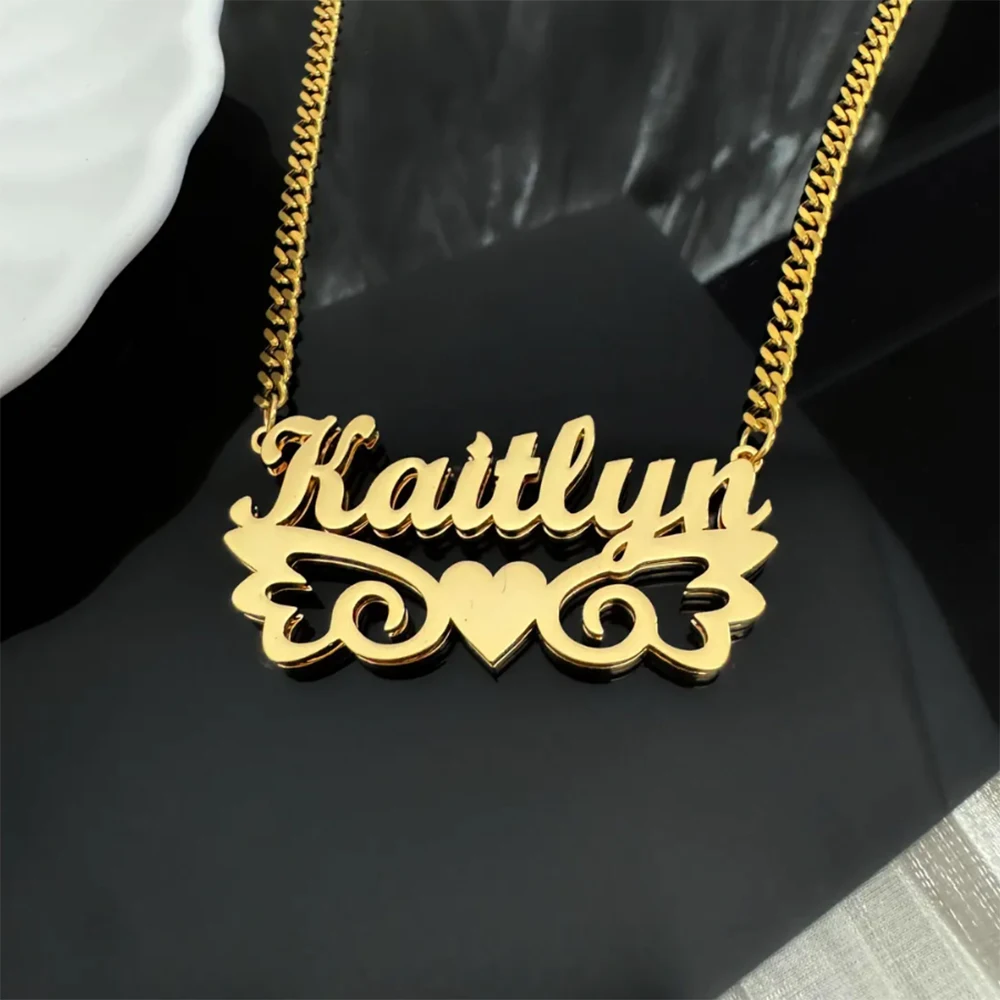 Customized Stainless Steel Cuban Chain Wing Name Necklace, Exquisite Heart-Shaped Pendant Jewelry, Suitable For Love Gifts