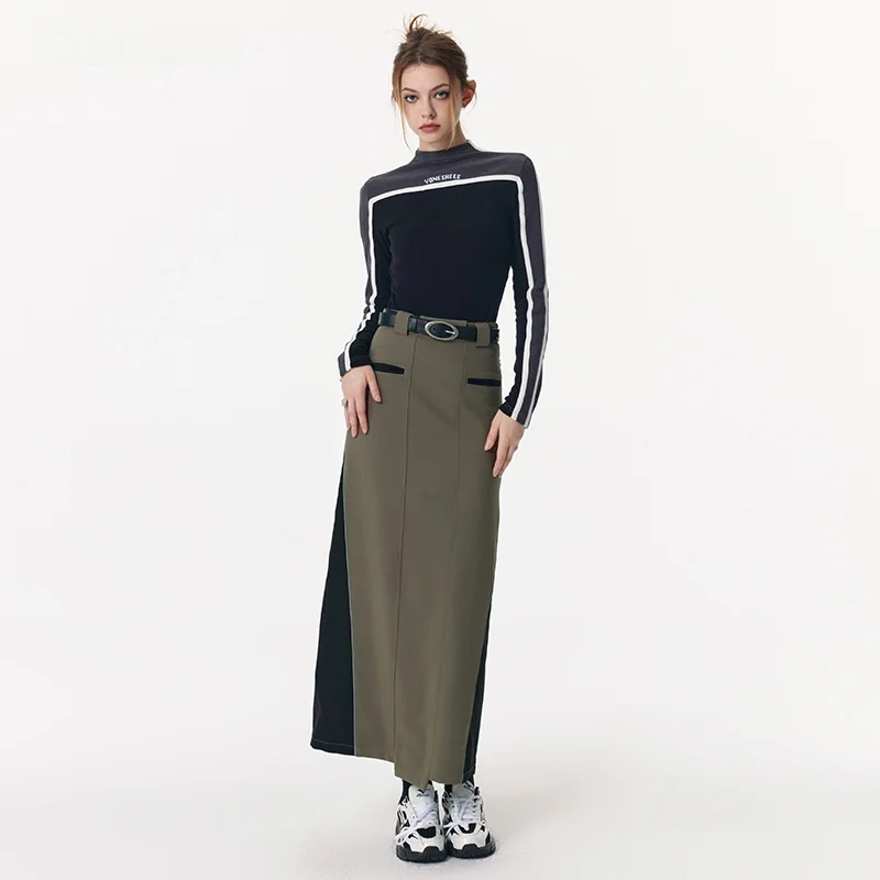 

Vone eeE Retro Sport Sle Patchwork Color Blo Long Suit Skirt Straight Leg f Body Skirt Women Early Autumn Winter