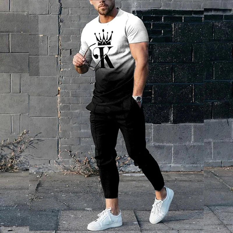

King Letter 3D Print T-Shirts Sweatpants Sets Men's Fashion Tracksuit Oversized Short Sleeve T Shirt Trousers Set Suits Clothing