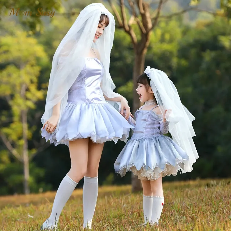 Family Matching Halloween Ghost Bride Dress+Headwear 2PCS Mom Daughter Girl Zombie Cosplay Vestido Party Carnival Clothes