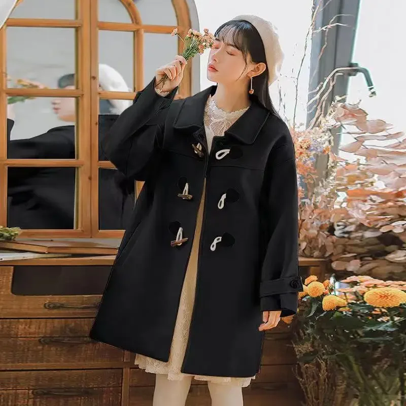 

Шерстяной плащ для женщин, дизайн на пуговицах с рогом, тонкий корейский стиль, средней длины, осень-зима, миниатюрный крой