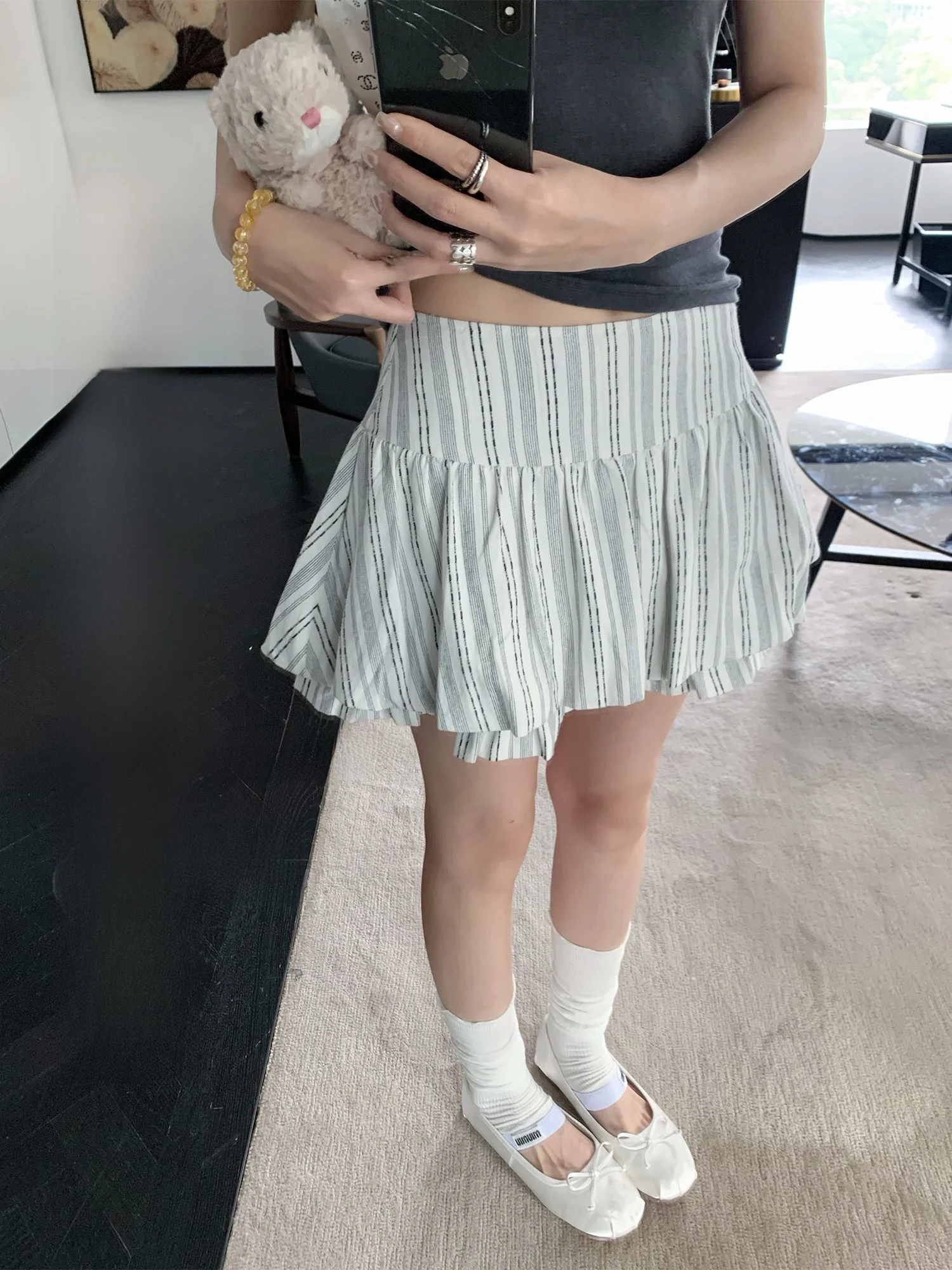 

Летняя клетчатая юбка Yuzuqi в балетном стиле, короткая юбка А-силуэта с цветочным узором, полосатая женская юбка А-силуэта со средней талией