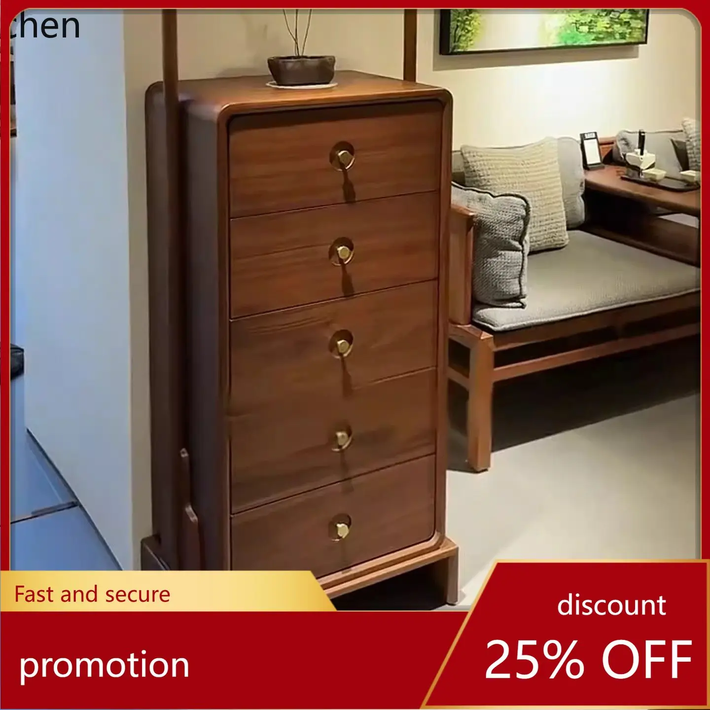 

ZML Solid Wood Five-Drawer Cabinet Black Walnut Storage Cabinet Modern Minimalist Decorative Cabinet