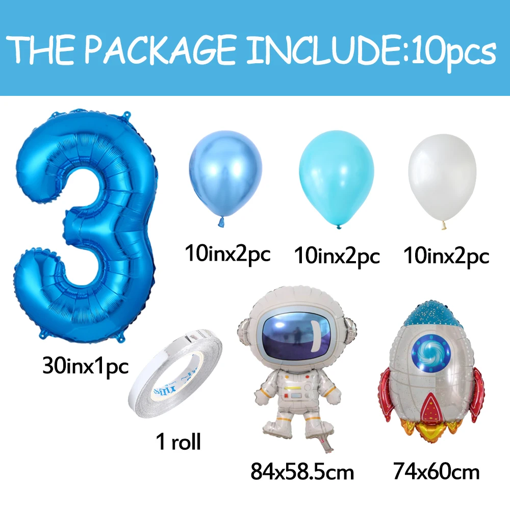 10pcs Astronaut Rocket Balloons Set 30inch Number Foil Globos 1 2 3 4 Years Birthday Decoration Outer Space Theme Party Supplies