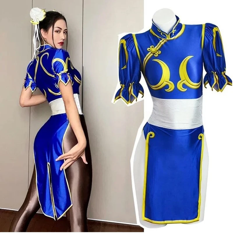 Disfraz de Cosplay Street Fighter Chun Li para Mujer Juego de Lucha Cheongsam Azul con Tocada y Cinturón Halloween 2