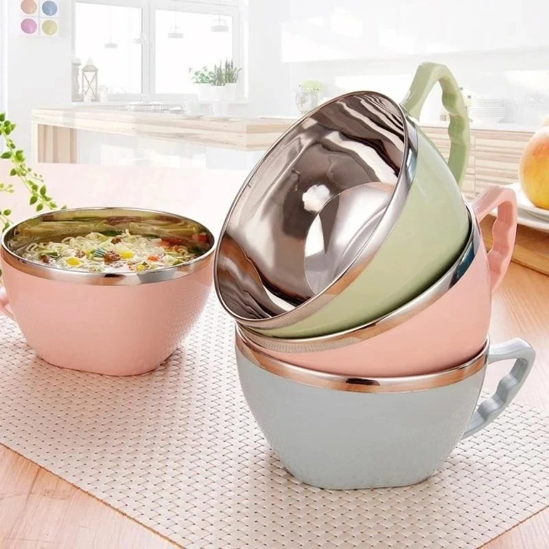 Stainless Steel Bowl with Handle Anti Scalding Solid Color Instant Noodles Mixing Bowl Kitchen Tableware Food Accessory 1PCS