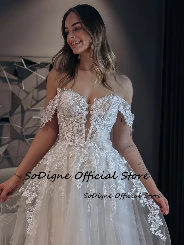 Suknia ślubna SoDigne w kształcie litery A, z odkrytymi ramionami, dekolt w serce, tiulowe aplikacje, suknie ślubne w stylu boho, suknia ślubna, możliwość personalizacji