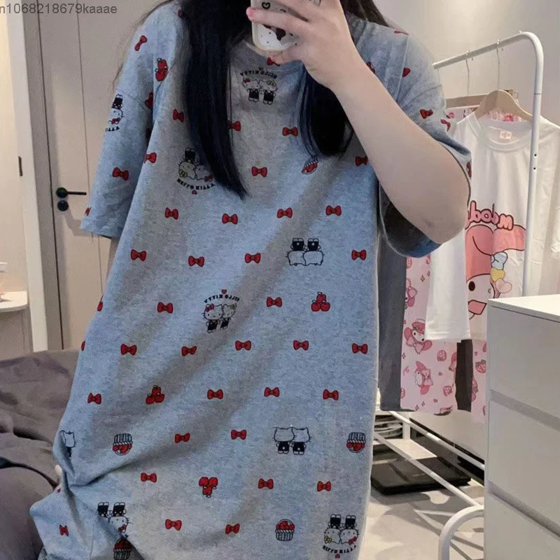 Sanrio Hello Kitty New Summer Cute Nightgown For Women Short Sleeved Tshirt Loose Cartoon Round Neck Pajama Dress Y2k Sleepwear