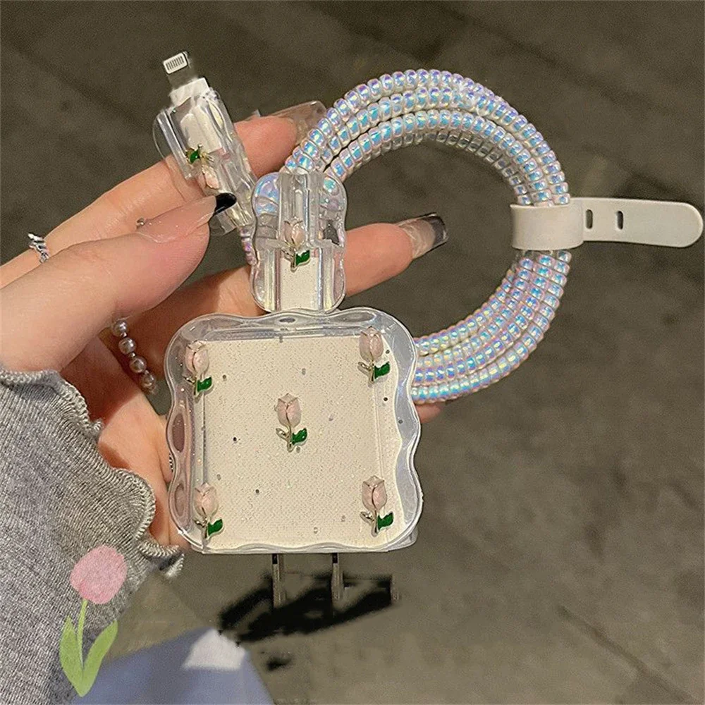 Cute 3D Metal Tulip Glitter USB Cable Protector Cover for IPhone 15 14 13 18W-20W Data Line Bite Head Cord Fast Charging Case