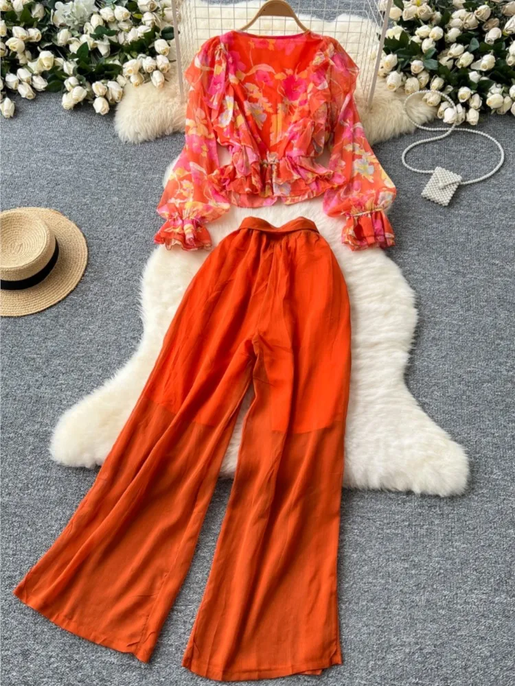 Casual Vintage Women Pantsuit V-Neck Floral Print Chiffon Tops Lace-up Wide Leg Trousers Suit Chic Female Clothes 2 Pieces Set