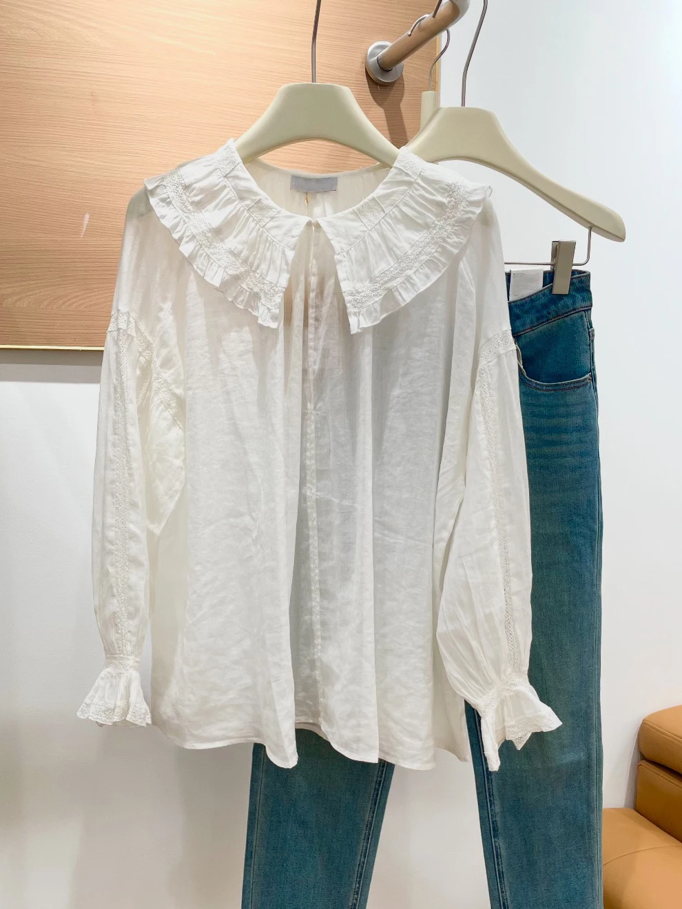 

Elegant White Cotton Long Sleeve Shirt with Embroidered Lace Collar Lightweight Breathable Spring Summer Fashion by HEIDD