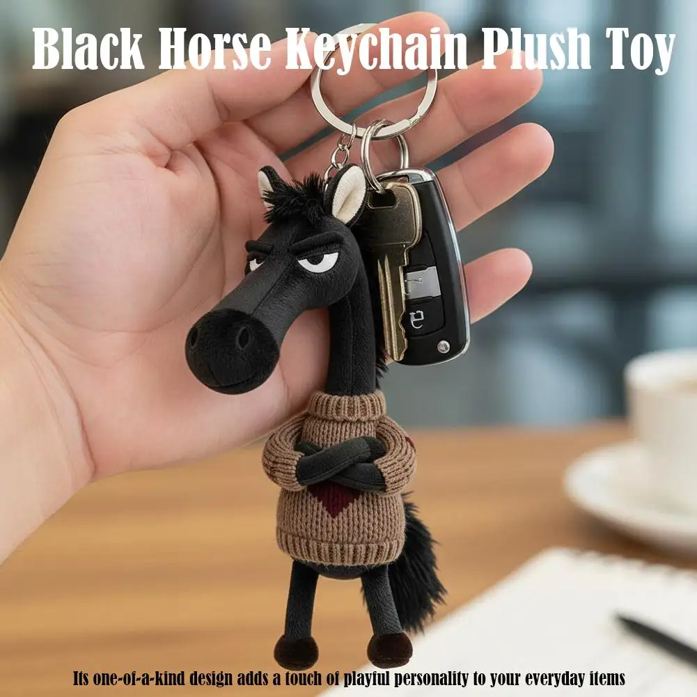 พวงกุญแจตุ๊กตาม้าสีดำการ์ตูนปี 2026 ตุ๊กตาม้าปีใหม่ประจำปีม้า ของเล่นตุ๊กตาม้าติดกระเป๋าเป้ ของขวัญ