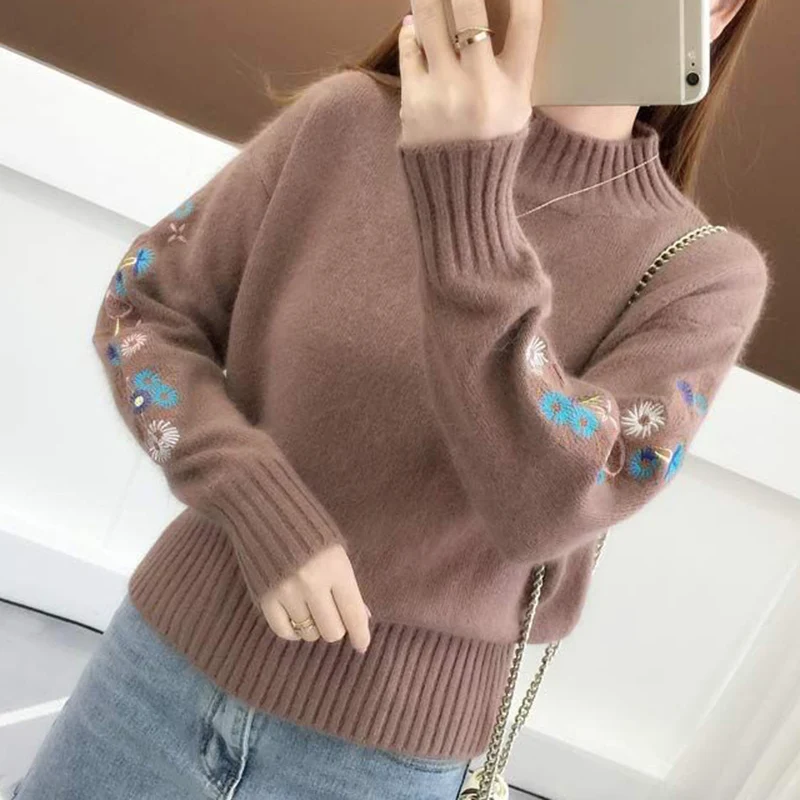 Korean Fahsion Embroidery Long Sleeve Sweater Women All Match Round Neck Cropped Sweaters Woman Autumn Winter Thick Warm Jumpers