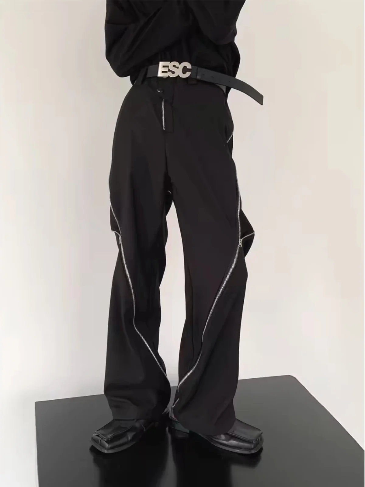 

American Design Sense Men's Spring Autumn Straight Leg Loose Casual Long Pants Zipper Slit West Pants Youth Trendy Geometry