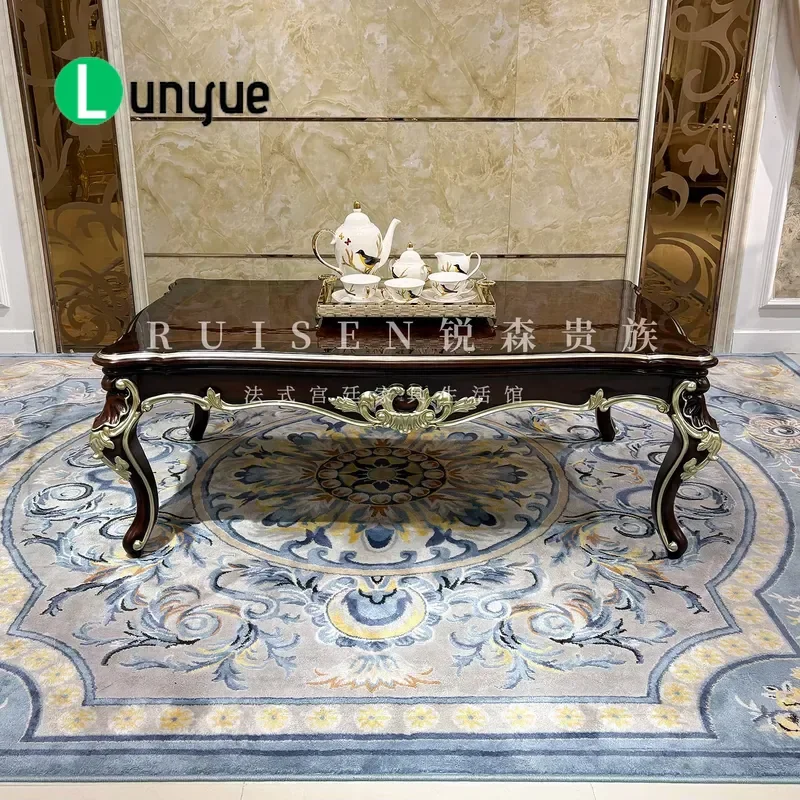 French European Luxury Carved Rectangular Natural Wood Veneer Solid Wood Coffee Table For Living Room Home Furniture