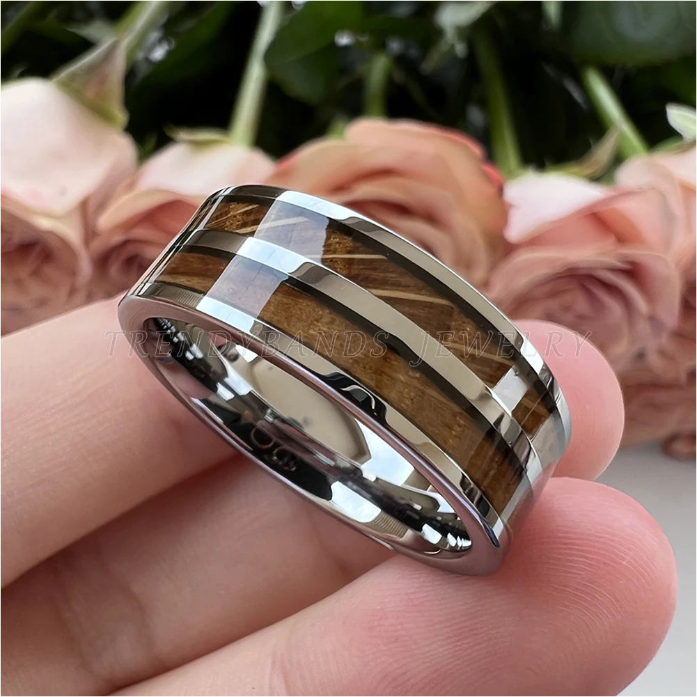 8 mm Herren- und Damenring, Wolfram-Ehering, Paar-Modeschmuck, Whiskyfass, Holzeinlage, poliert, glänzend, bequeme Passform – Detail 12