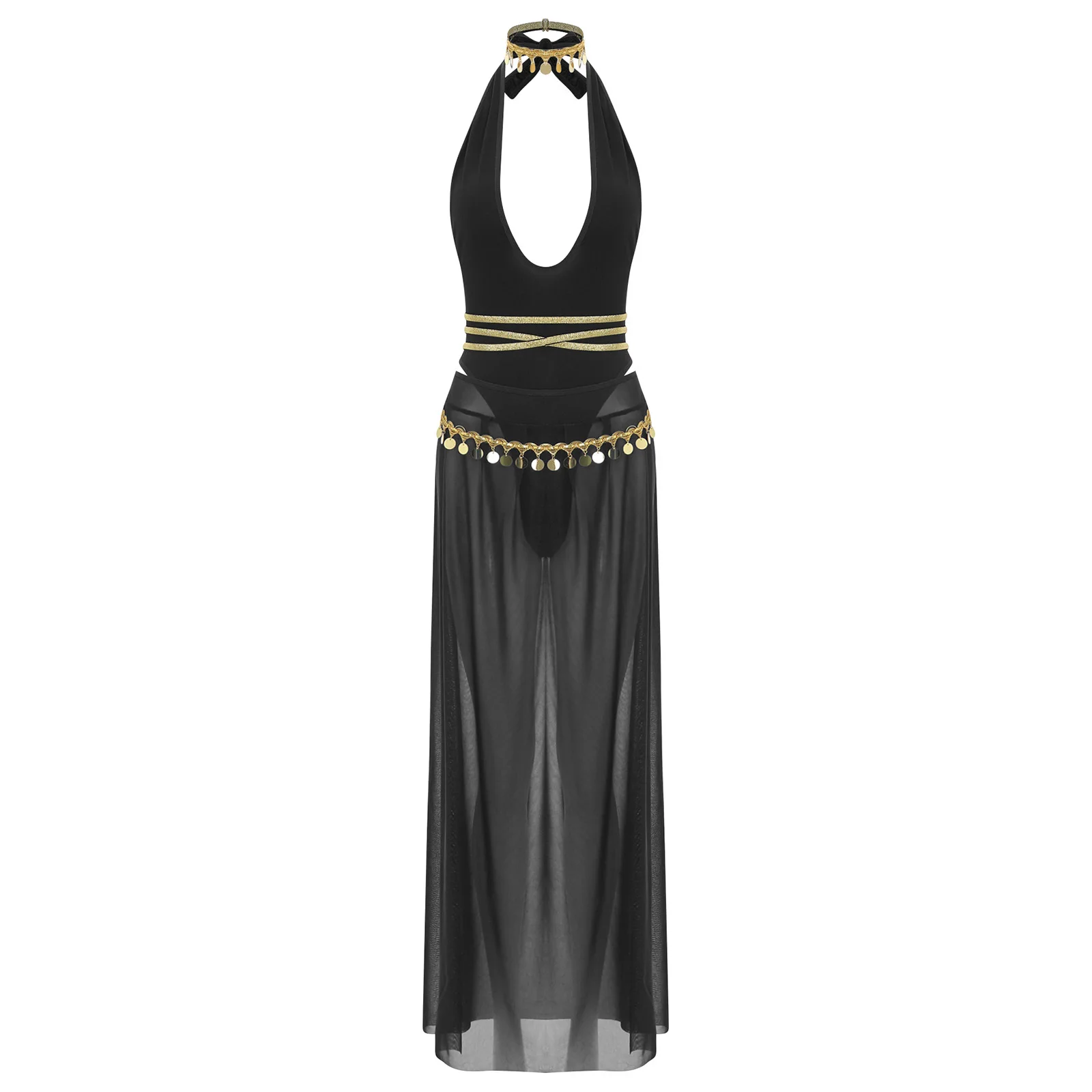 

Women Belly Dance Halter Bodysuit with Slit Mesh Skirt Sequin Choker And Belt Egypt India Dance Costume Party Special Nightwear