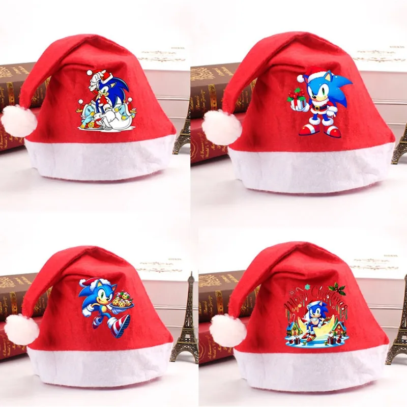 Sonics Anime Santa Hats Non-woven Fabric Red Xmas Cap Kids Adults Unisex Christmas Dress-up Party Decor Cosplay Child Party Gift