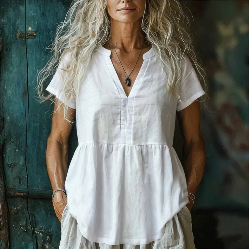 

New Summer Top Shirt Elegant Sweet Short Sleeve V-neck Casual Short Sleeve Solid color Party Patchwork Tops Shirts