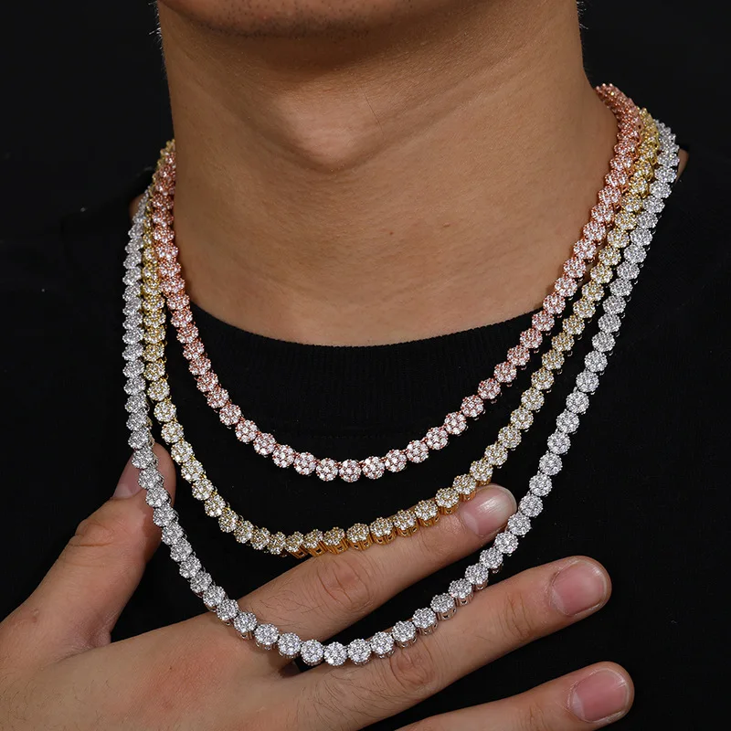 Hip Hop 3A+ CZ Stone Paved Bing Iced Out 8mm Plum Bossom Tennis Link Chain Necklaces for Men Women Unisex Rapper Jewelry Gift