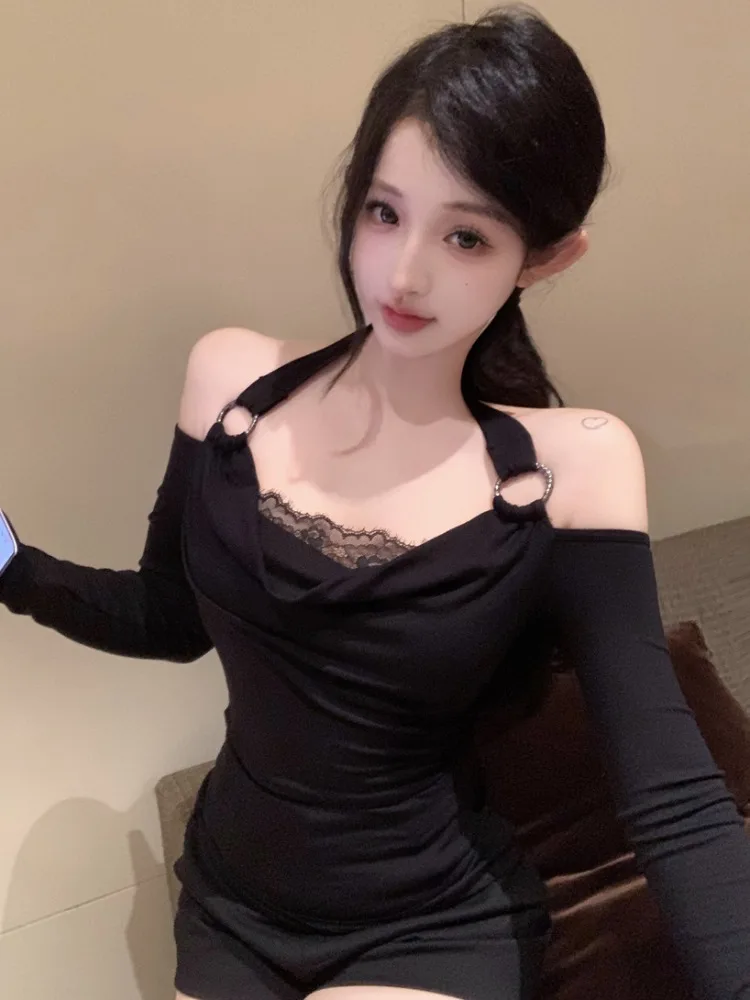 

Elegant Black Lace Long Sleeve T-Shirt Neck Hanging Shoulder Show Sexy Slimming Base Top City Walk Skin Friendly Breathable