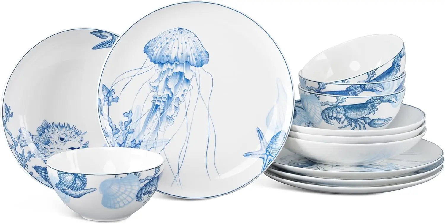

12-PCS Porcelain Coastal Dinnerware Set, Plates, Bowls, Service for 4, Chip & Scratch Resistant, Oven Safe up to 482°F, Non toxi
