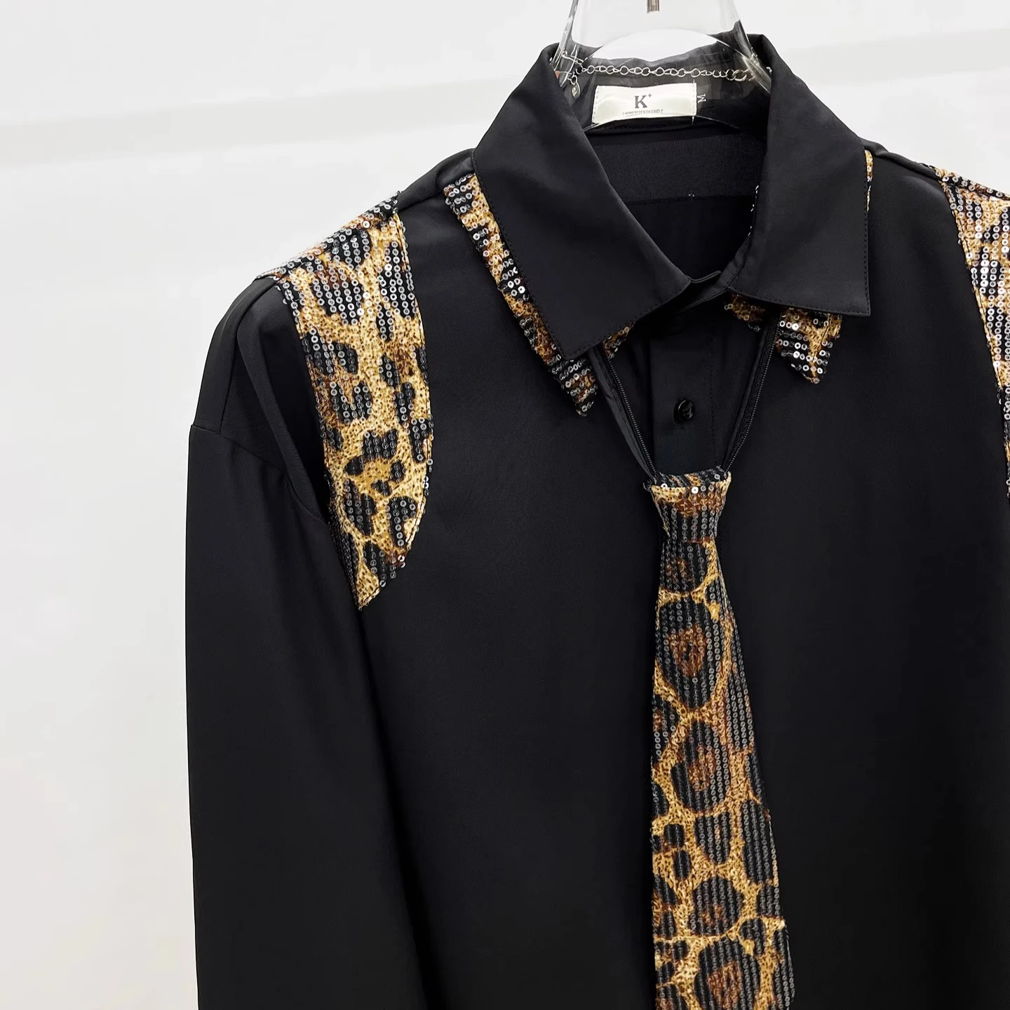 Leopard Print Patchwork Sequin Tie Shirt Men's Loose Temperament Casual Shirts Social Stage Performance Banquet Star Costume