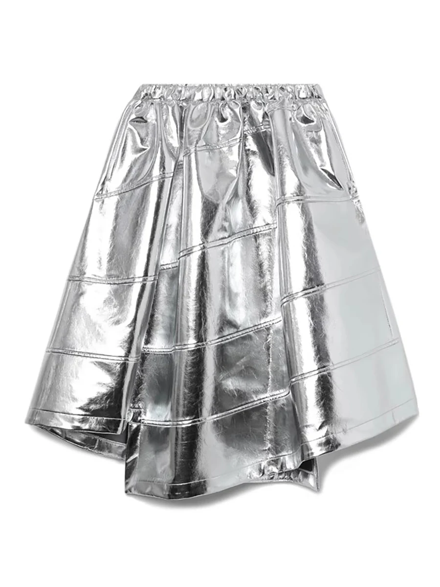 

Lautaro весна лето водонепроницаемая серебристая блестящая искусственная кожа миди ассиметричная юбка женщины с эластичной талией шикарная роскошная дизайнерская одежда линии 2025 кожаная юбка для женщин