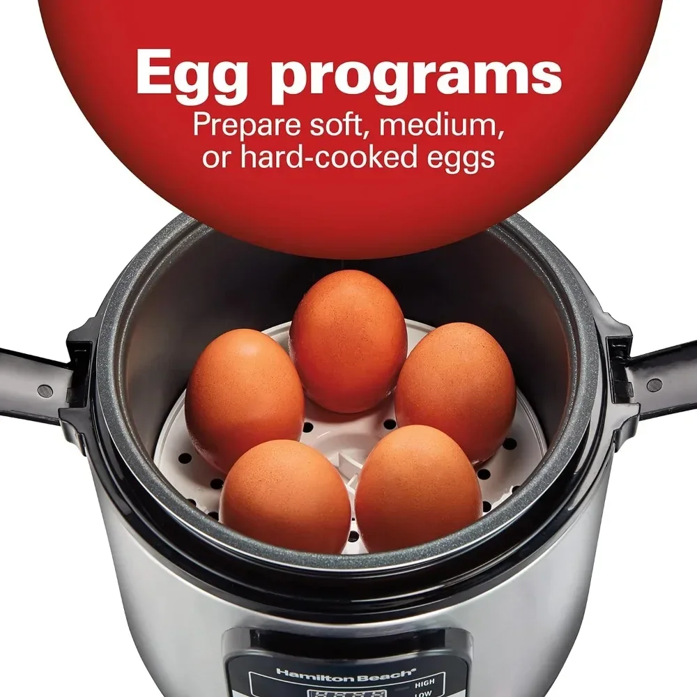 

-Digital Programmable Rice Cooker & Food Steamer, With Slow Hard-Boiled Egg Functions, Egg/Steam Tray, Compact 6 Cups Cooked
