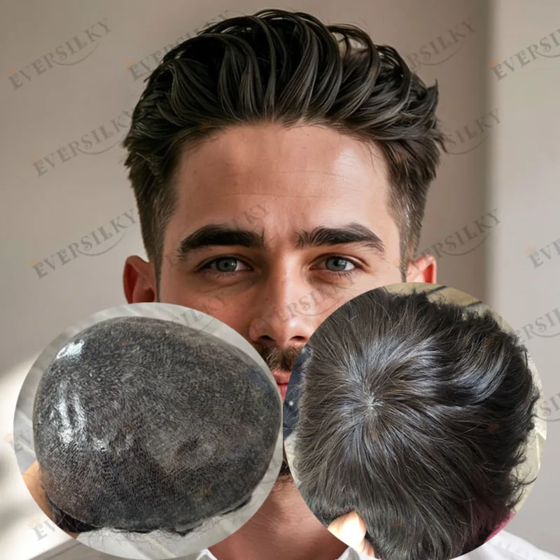 

Natural Wavy 100% Human Hair Dark Brown Black Male Wigs Undetectable Realistic Natural Hairline Straight Fake Scalp Men Toupee