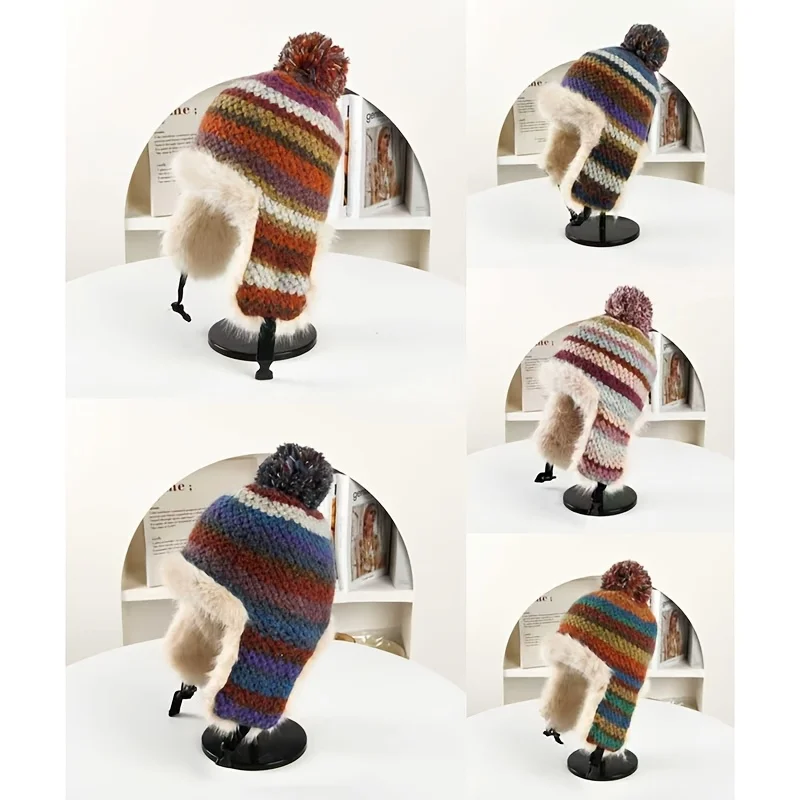 Новые вязаные зимние грелки для ушей в радужную полоску/флисовая подкладка