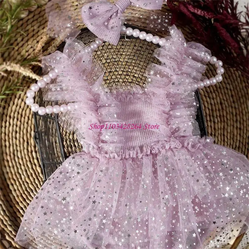 Newborns Photography Tulle Dress with Bowknot and Star Decors for 0-3 Month Baby Special Occasion Costume