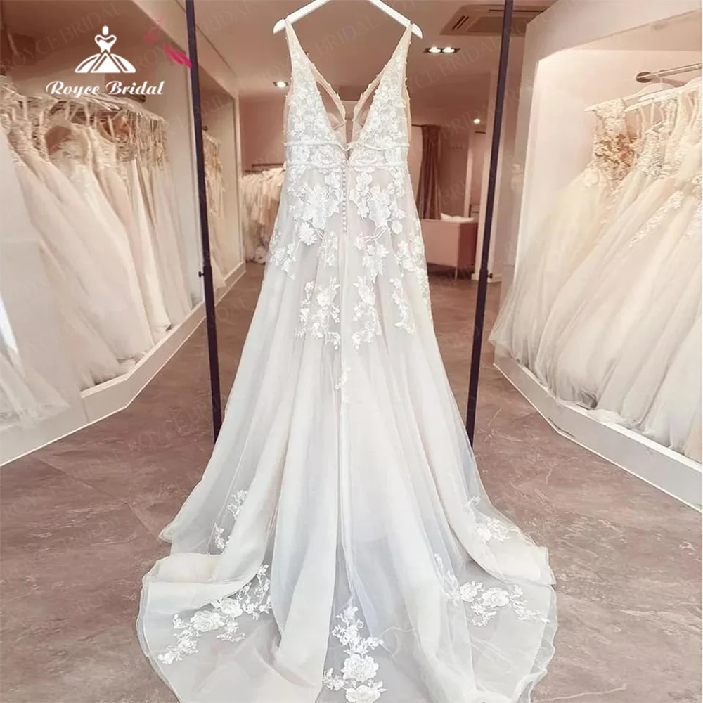 Roycebridal Allure 여성용 레이스 얇은 명주 그물 웨딩 드레스, 우아한 A 라인 아플리케, 보호 백리스 베스티도, 맞춤형