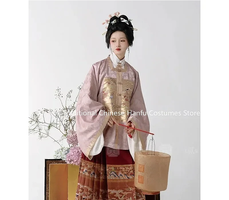 3 Colors Ming Dynasty Square Collar Dress Cross Collar Weaving Gold Daily Horse Skirt Autumn Hanfu Chinese Dress Traditional