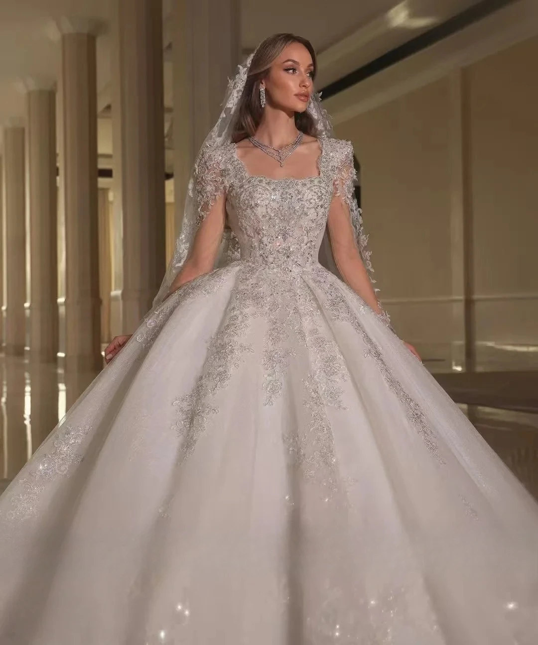 Customized Dignified Graceful  Luxury Sparkly Beaded Wedding Dresses Square Neck Princess  Cathedral Train Delicate Bridal Gowns