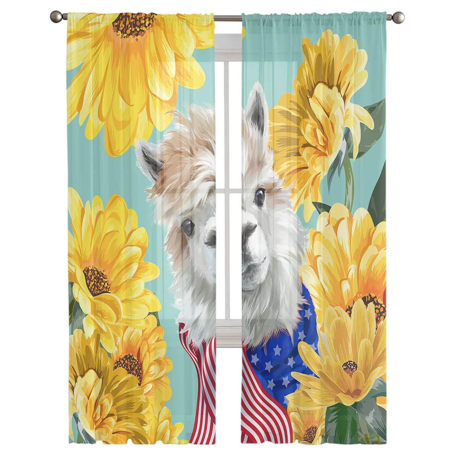 Daisy Alpaca Cute Print Design Sheer Curtains for Living Room Translucidus Tulle Curtains Bedroom Home  Chiffon Curtains