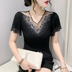 Sexy V-Neck Lace T-Shirt Women Short Sleeve European Design Sensual Gathers Elbow Upper Body Heavy Embellished Tight Fit Smal...