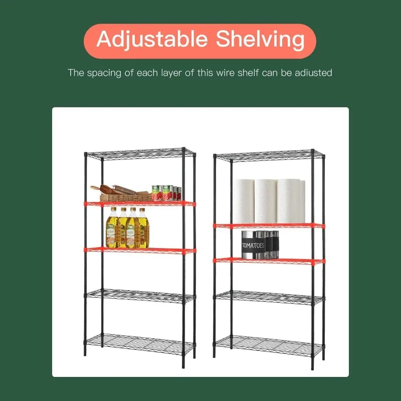 Commercial Metal Prateleira com Camada Ajustável, Wire Shelving Unit, Forte Rack para Restaurante Garagem Despensa e Cozinha, 5 Tiers