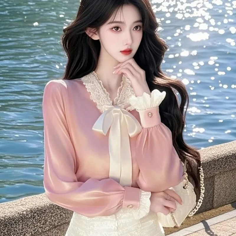 

Женские атласные модные лоскутные рубашки с длинными рукавами, осенняя женская одежда, элегантная футболка со шнуровкой и оборками, воротником до половины высоты