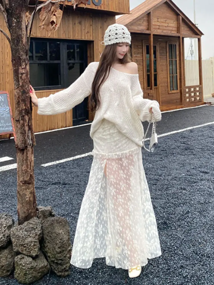 

Korean Style Lazy Chic Lace Half Skirt Sweater Set Youthful Spring Fashion Casual Comfortable Long Sleeve One Shoulder Knitwear