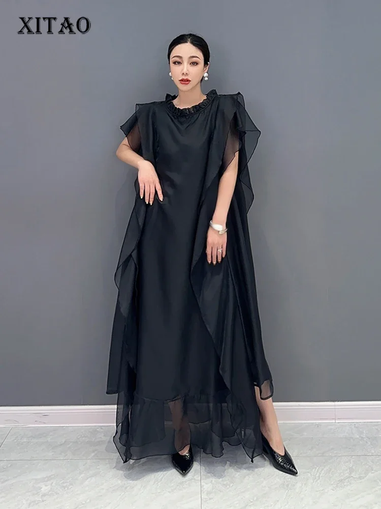 XITAO-Robe à bords volantés pour femme, col rond, noir, mode, simplicité, tempérament, été, nouveau, 20144