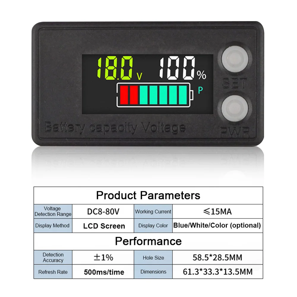 6133A LCD Digital Battery Capacity Indicator 2-Wire  DC8V-100V Digital Voltmeter Electricity Meter Waterproof Color Screen