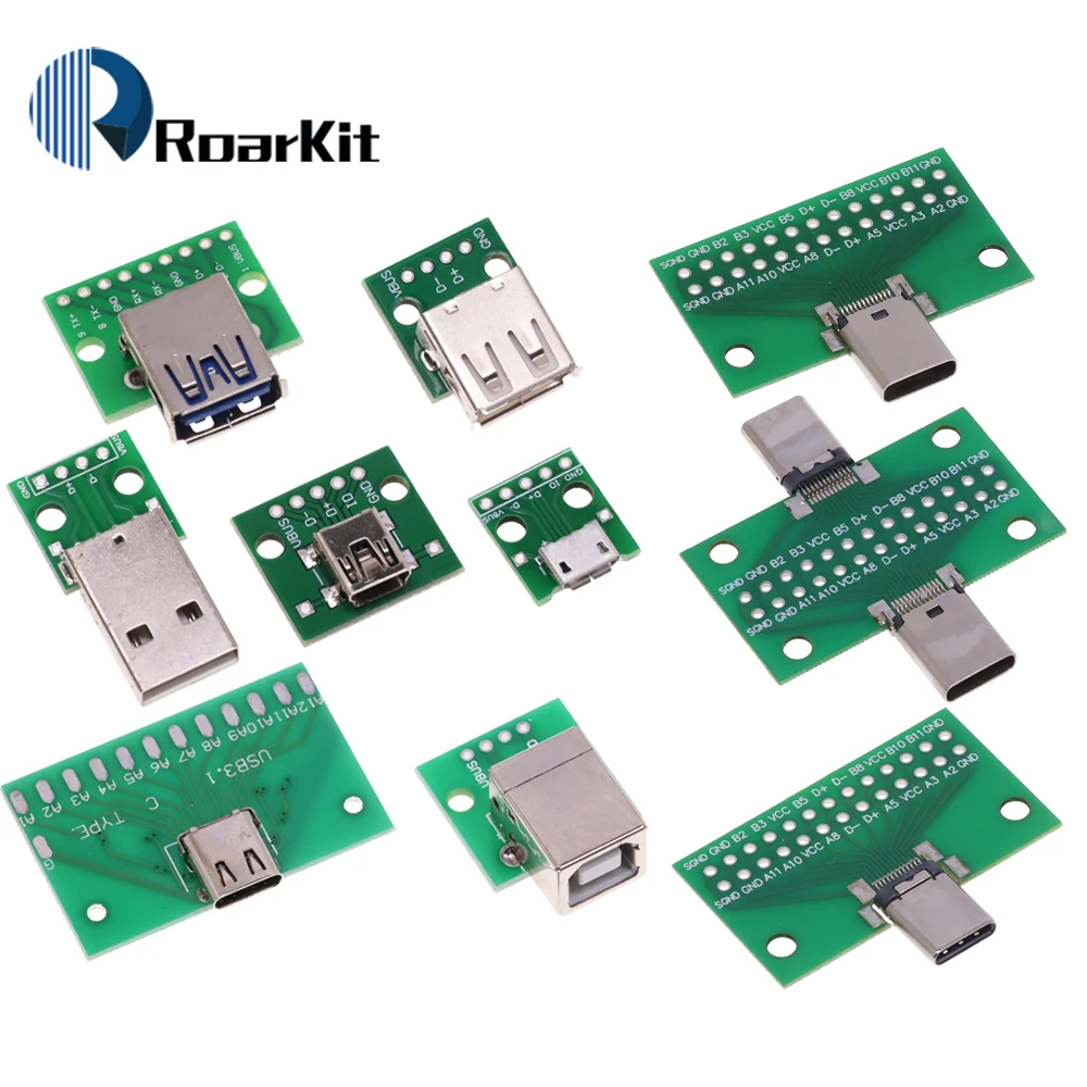 Mini Micro USB para DIP Adapter Board, Conector macho USB, 2,54mm, 5Pin, Conector fêmea B, Tipo-C, USB2.0, 3.0, Conversor PCB