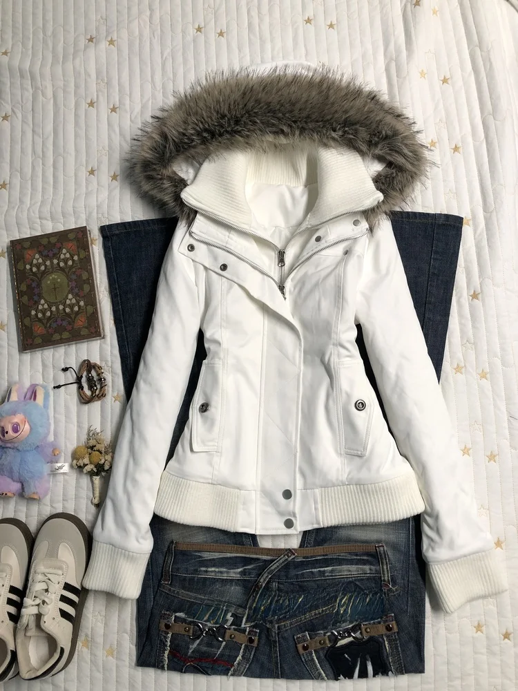 

BaoYao Girl Vintage Retro Cotton Jaet Women's Winter Coat with Hooded Fur Collar White Cotton Outerwear Slim Fit Sle