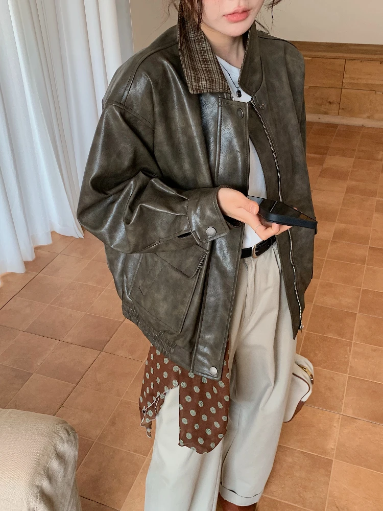 

Zipper Jacket Female Overcoat Faux Leather Jacket Ladies Spring Moto Biker Textured Vintage Coat PU Leather Coats for Woman
